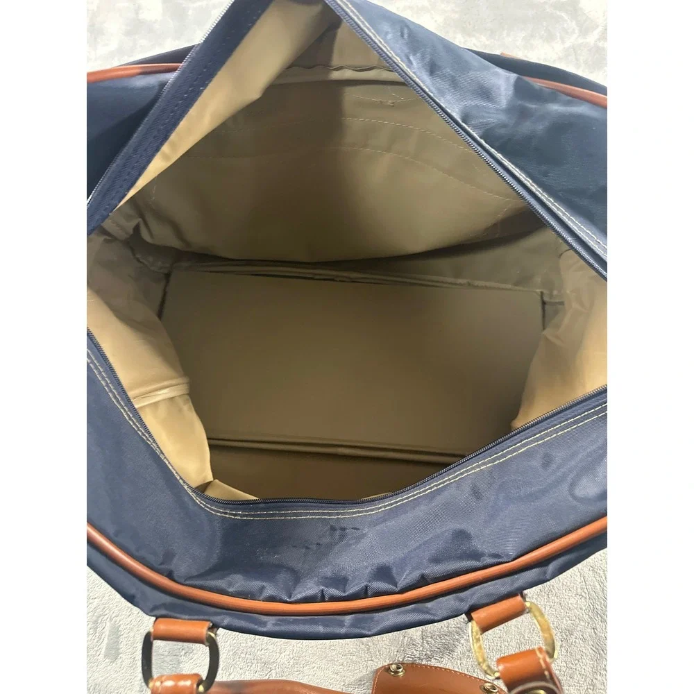 Jaguar Navy Blue Nylon Duffel Bag Brown Trim Weekender Travel Carry On Luggage